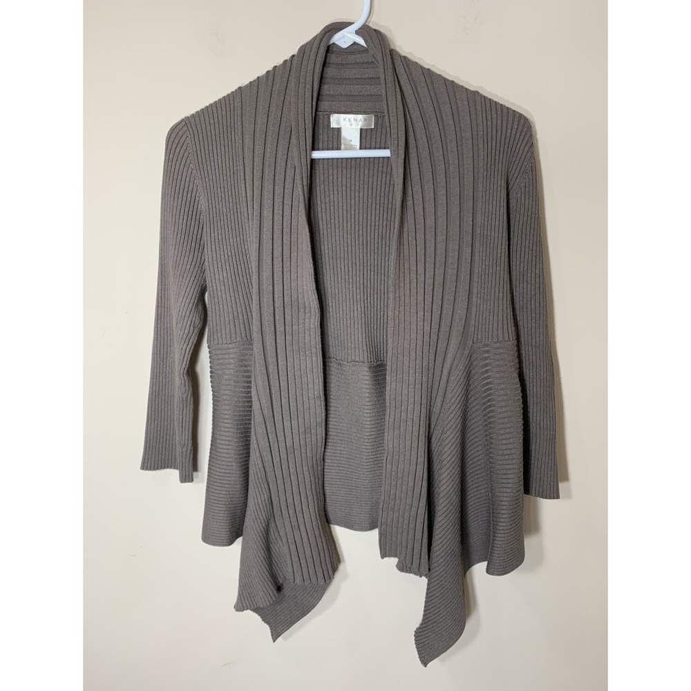 Kenar Draped Front‎ Cardigan Sweater Womens Medium Taupe 3/4 Sleeve Shawl Collar